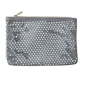Ipsy ice blue and silver mesh makeup bag with silver zipper pull and interior